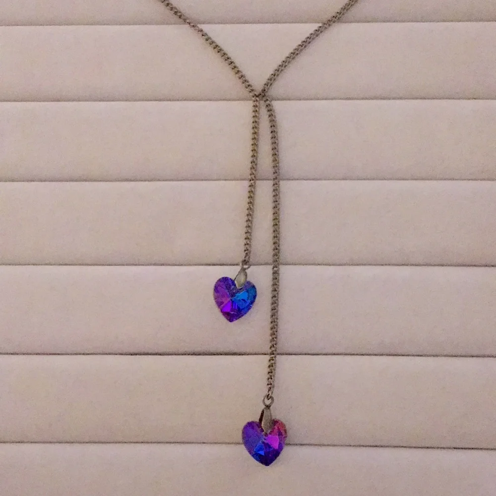 Violet Purple Volcano+ Antique Brass Crystal Heart Lariat Necklace